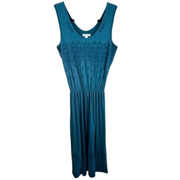 Garnet Hill Teal Blue Sleeveless Lined Embroidered Cotton Blend Maxi Dress Sz XS - Picture 1 of 8
